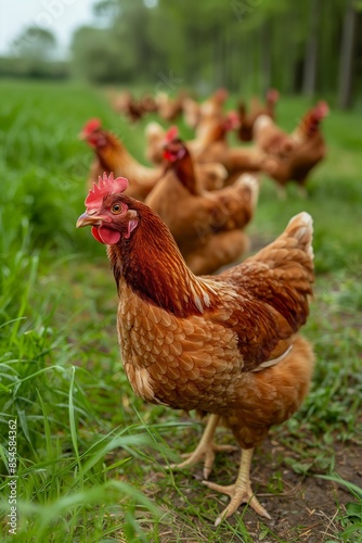 Free-Range Chickens on Farm - Brown Hens Grazing in Green Field