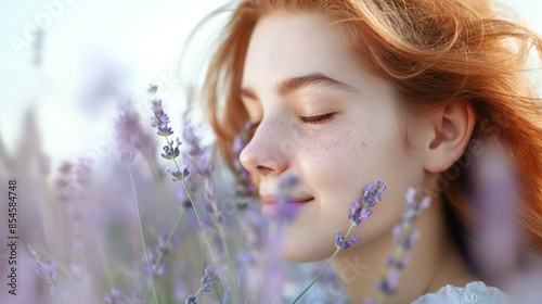 Woman with red hair smelling lavender flowers in a field on a sunny day.