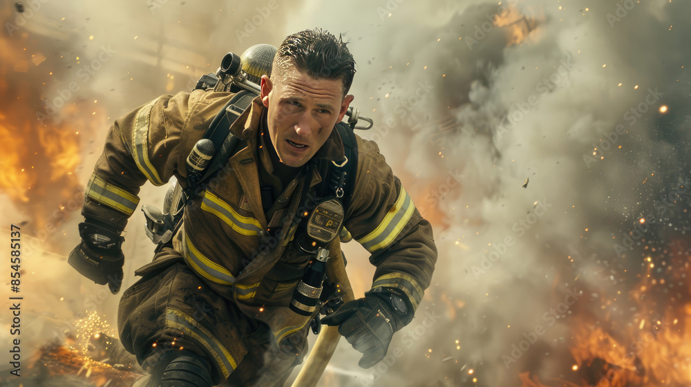 Heroic Firefighter in Black Refractory Pants Running with Hose, Smoke Billowing Behind