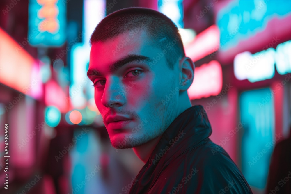 Moody Teenager in Neon Lights - Portrait of a Young Man at Night Moody Teenager in Neon Lights - Portrait of a Young Man at Night