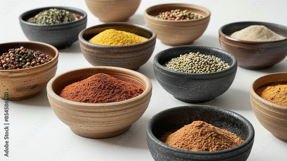 Vibrant Array of Powdered Spices in Ceramic Bowls - Earthy Tones Vibrant Array of Powdered Spices in Ceramic Bowls - Earthy Tones