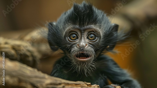 A tiny monkey caught in a moment of surprise, its expression captured in detail