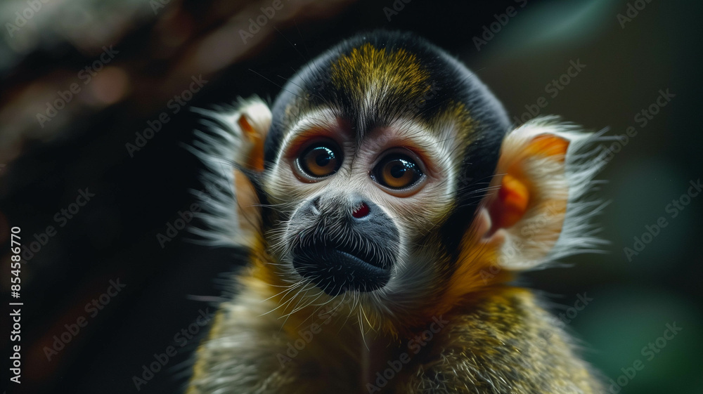 Fototapeta premium A tiny monkey caught in a moment of surprise, its expression captured in detail