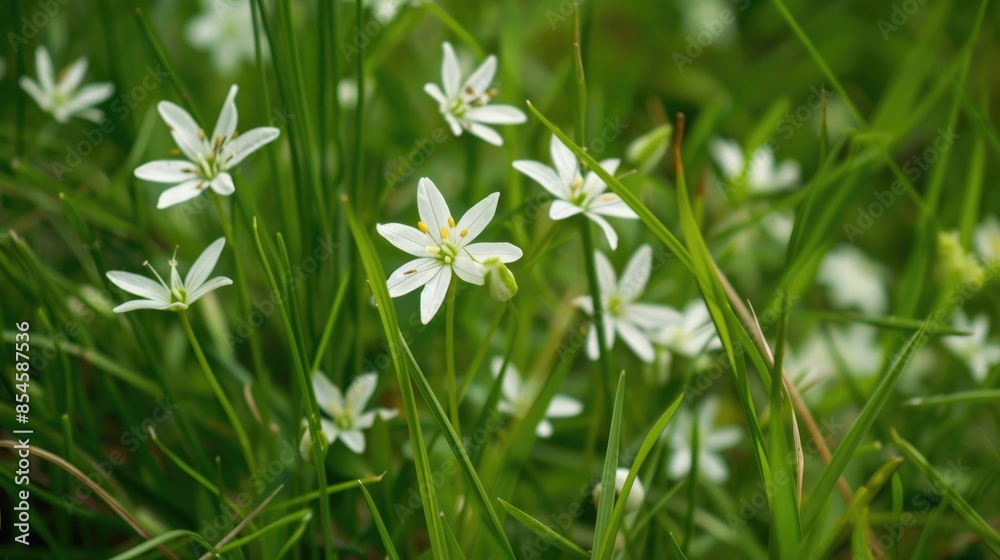 Small white flowers among the blades of grass Small white flowers among the blades of grass