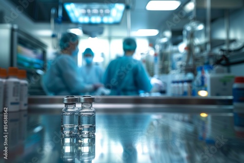 A close-up shot of two medical vials in focus with a blurred background of surgical staff working in an operating room