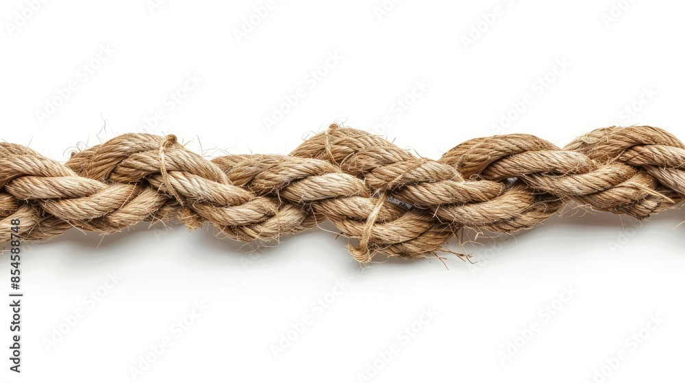 White background showcasing a lengthy ancient rope crafted from natural material White background showcasing a lengthy ancient rope crafted from natural material