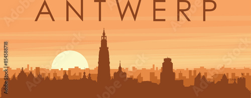 Brown panoramic poster of the city skyline with misty background buildings, sunrise, clouds and mountains of ANTWERP, BELGIUM