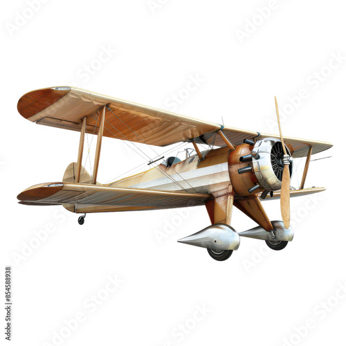 Vintage biplane in flight. Classic aviation, historical aircraft. Detailed wood and metal construction. Iconic design from early 20th century. photo