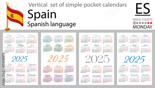 Spanish vertical set of pocket calendar for 2025. Week starts Monday