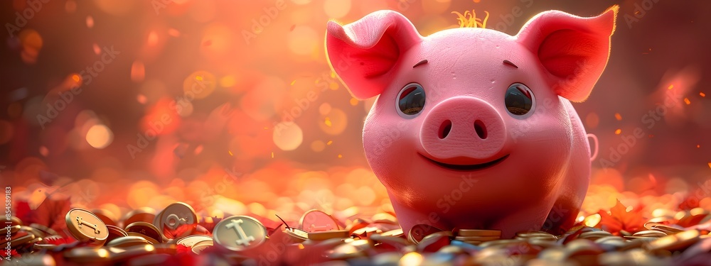 Adorable Piggy Bank Perched Atop Pile of Golden Coins in Pastel Minimalist Cartoon Style Adorable Piggy Bank Perched Atop Pile of Golden Coins in Pastel Minimalist Cartoon Style
