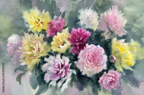 Wallpaper Mural A bouquet of color peonies watercolor background Torontodigital.ca