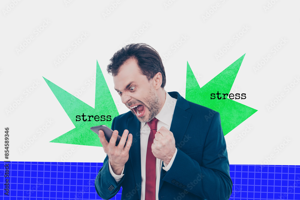 Composite trend artwork sketch image 3D photo collage of young angry crazy man bossy boss show gesture hand hold phone call talk Composite trend artwork sketch image 3D photo collage of young angry crazy man bossy boss show gesture hand hold phone call talk