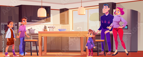 House interior. Family in kitchen room near fridge cartoon illustration. Children, woman and man indoor apartment with cooking furniture. Kids, father and mother in modern home with sunlight ray