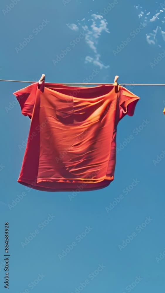 Colorful clothes hanging to dry on a laundry line clouds moving in the wind and sun shining in the blue sky. clothes drying in the wind. 4k video vertical