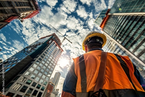 Construction worker in hard hat and safety vest gazes up at towering skyscraper under construction, illuminated by bright sun © Ilia Nesolenyi