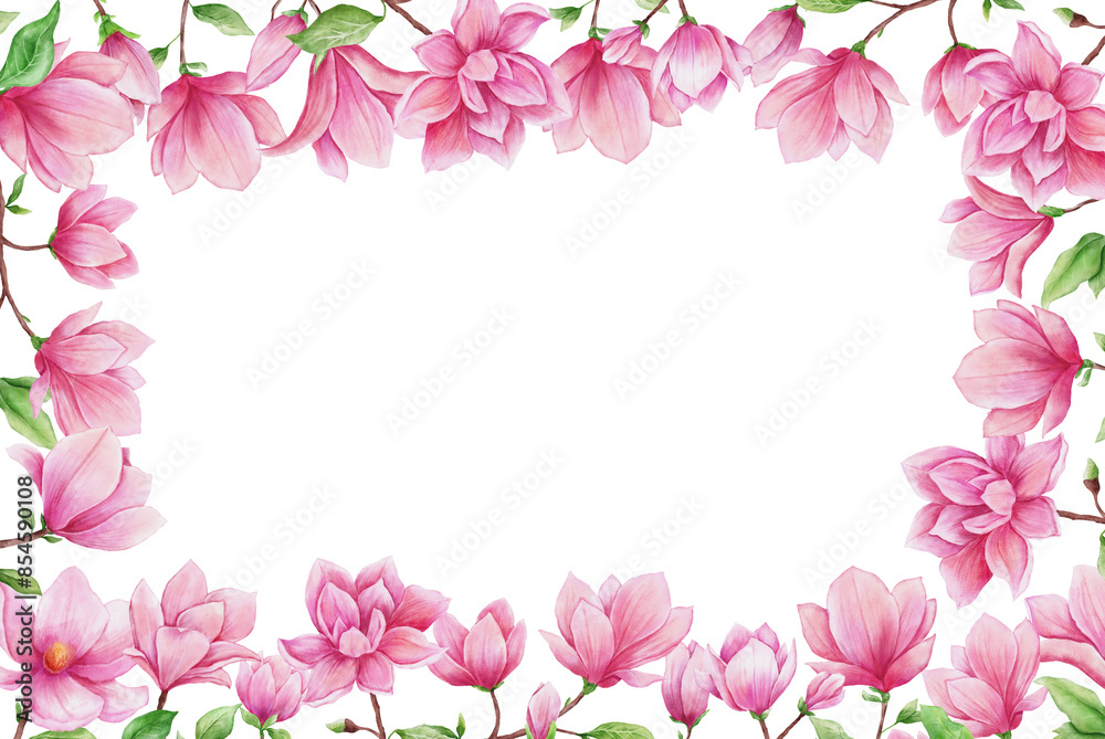 Flower Magnolia watercolor rectangle wreath. Hand painted frame with pink bud and leaves isolated. Floral design for card Flower Magnolia watercolor rectangle wreath. Hand painted frame with pink bud and leaves isolated. Floral design for card
