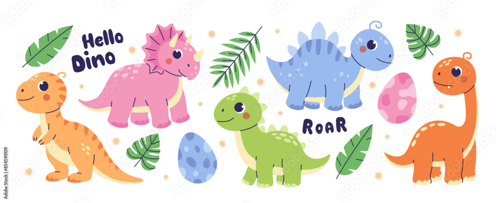 Fototapeta premium Childrens dinosaurs set . Cute animal characters in childish style collection