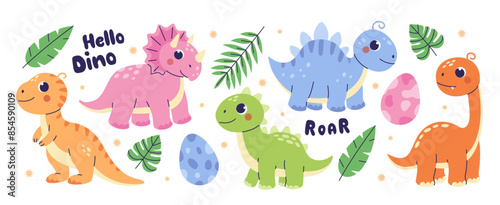 Childrens dinosaurs set . Cute animal characters in childish style collection