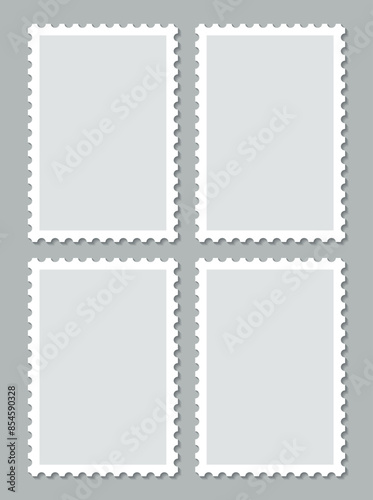 Postal stickers. Sale coupons template set with perforated borders. Paper postmarks for mail letter. Empty post stamp collection. Postage stamps. Vector illustration.