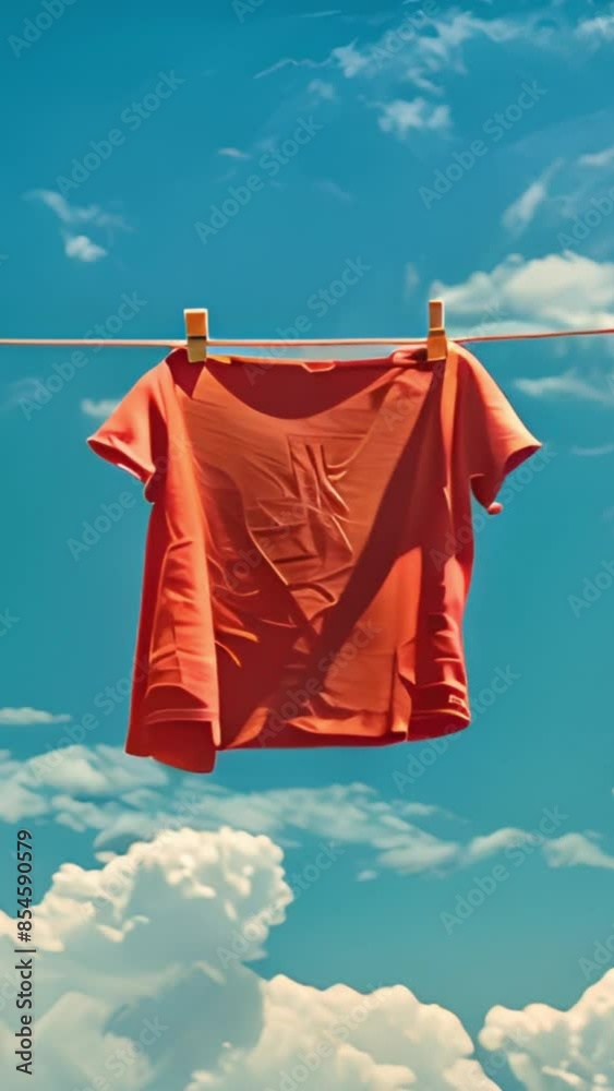 Colorful clothes hanging to dry on a laundry line clouds moving in the wind and sun shining in the blue sky. clothes drying in the wind. 4k video vertical