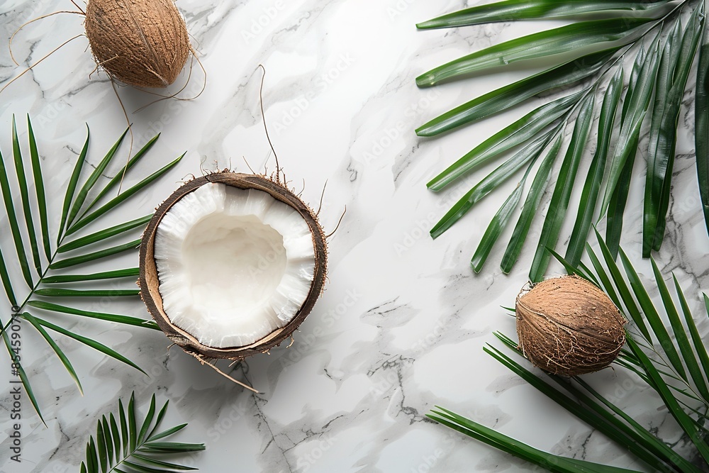 template flat lay of half of coconut with green leaves on marble stone background with copy space template flat lay of half of coconut with green leaves on marble stone background with copy space