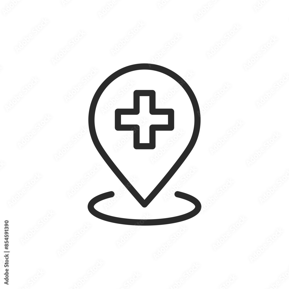 Location pin and medical cross, linear style icon. medical facility location. Editable stroke width Location pin and medical cross, linear style icon. medical facility location. Editable stroke width