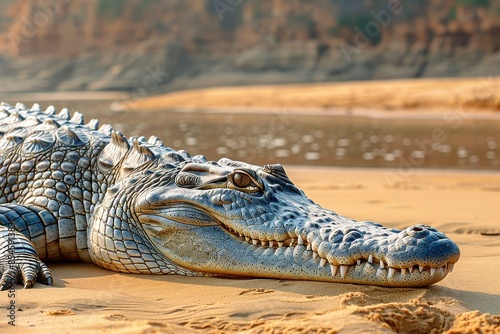 A Gharial crocodile resting on a sandy riverbank in India, its long, narrow snout filled with sharp teeth visible as it basks in the sun. photo