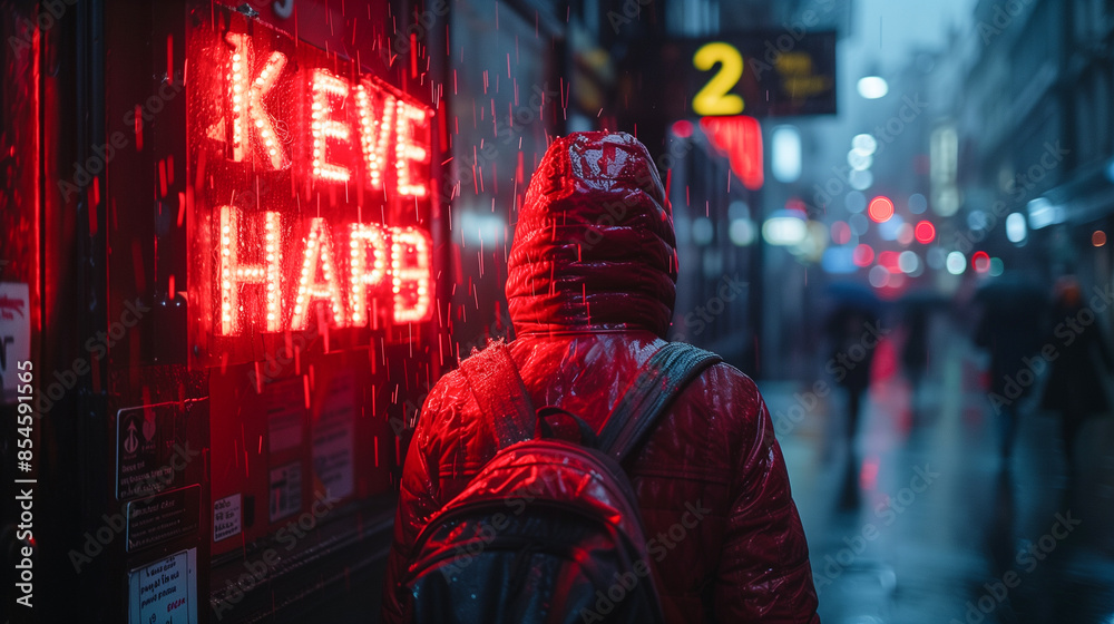A person in a red jacket walks through a rainy city street at night, passing by a brightly lit neon sign A person in a red jacket walks through a rainy city street at night, passing by a brightly lit neon sign