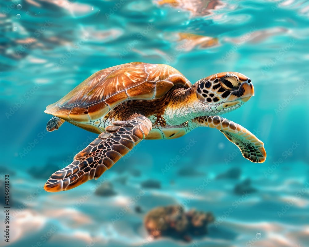 Fototapeta premium A beautiful sea turtle swims gracefully through the ocean.