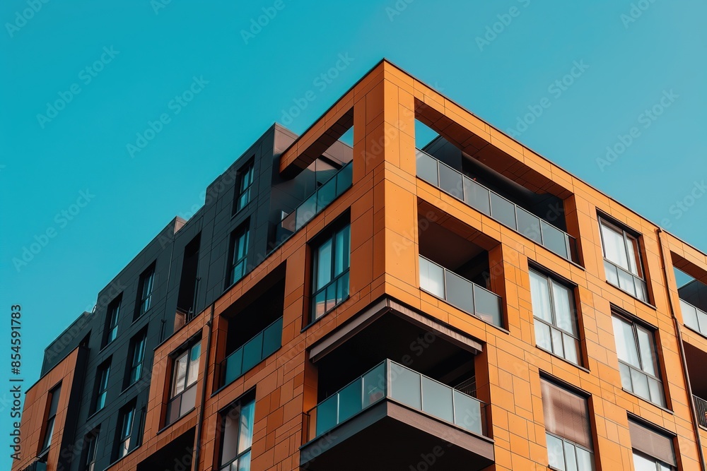 orange modern apartment building on clean blue sky background orange modern apartment building on clean blue sky background