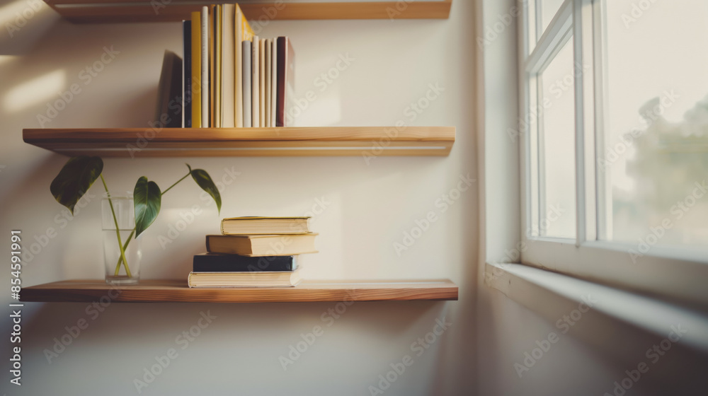 Wooden bookshelves with books and a plant in a modern home. Wooden bookshelves with books and a plant in a modern home.