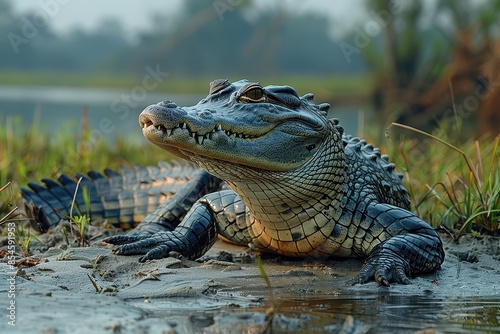 A Gharial crocodile resting on a sandy riverbank in India, its long, narrow snout filled with sharp teeth visible as it basks in the sun.