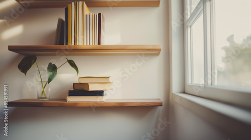 Wooden bookshelves with books and a plant in a modern home. © Pro Hi-Res