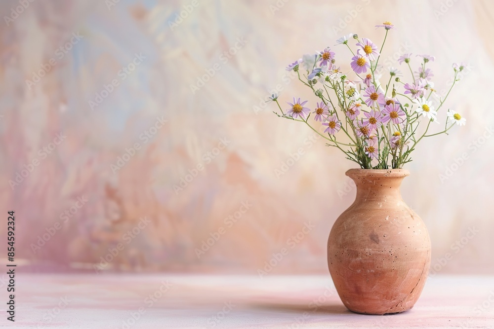 minimalism photo simple clay vase with bouquet of little wildflowers with copy space minimalism photo simple clay vase with bouquet of little wildflowers with copy space