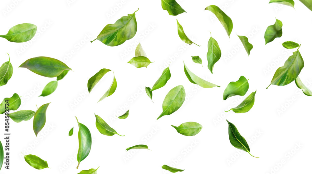 A collection of green leaves floating and flying in the air, isolated against a transparent background. The leaves vary in size and orientation, creating a dynamic and natural pattern