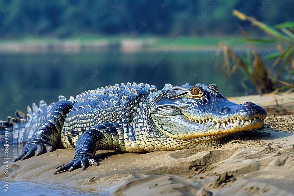 Fototapeta premium A Gharial crocodile resting on a sandy riverbank in India, its long, narrow snout filled with sharp teeth visible as it basks in the sun.