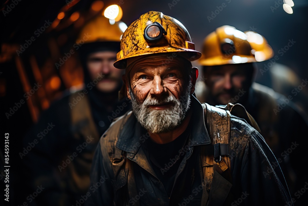 Fototapeta premium A group of miners in helmets with a flashlight, portraits of dirty miners.