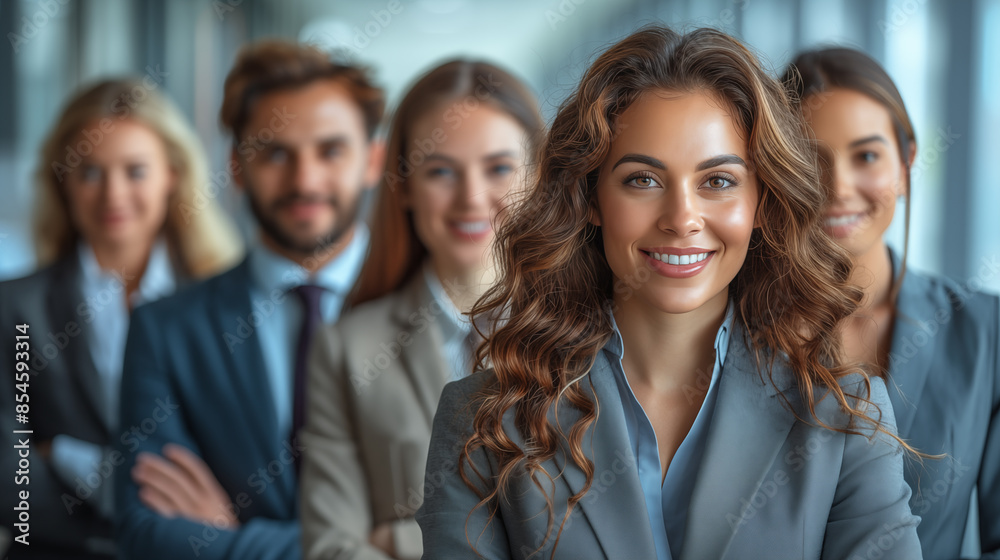 Portrait of smiling businesswoman with her team in the background. Portrait of smiling businesswoman with her team in the background.
