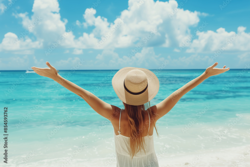 Urlaub am Meer - Frau mit Sonnenhut freut sich aufs Wasser Urlaub am Meer - Frau mit Sonnenhut freut sich aufs Wasser