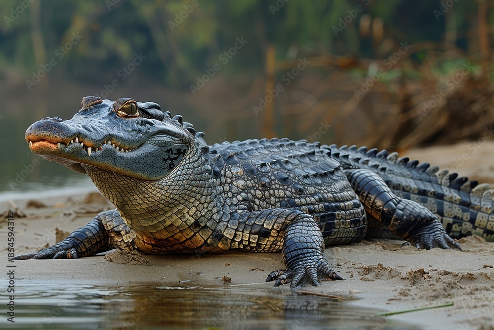 Fototapeta premium A Gharial crocodile resting on a sandy riverbank in India, its long, narrow snout filled with sharp teeth visible as it basks in the sun.