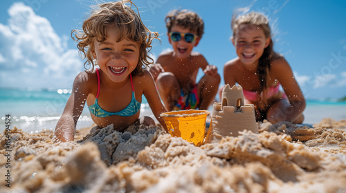 Fototapeta Naklejka Na Ścianę i Meble -  Kids playing with sand on beach during summer vacation. Children having fun on tropical sand beach during summer vacation.