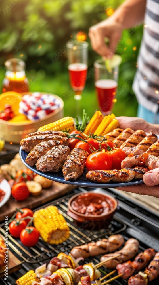Delicious barbecue feast with assorted grilled meats, vegetables, and sauces, perfect for an outdoor summer party. Delicious barbecue feast with assorted grilled meats, vegetables, and sauces, perfect for an outdoor summer party.