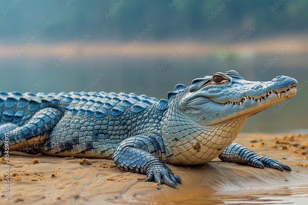 Obraz premium A Gharial crocodile resting on a sandy riverbank in India, its long, narrow snout filled with sharp teeth visible as it basks in the sun.