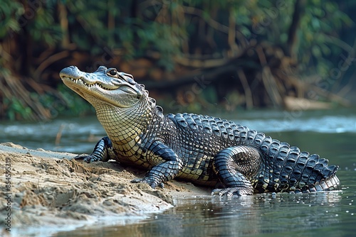 A Gharial crocodile resting on a sandy riverbank in India, its long, narrow snout filled with sharp teeth visible as it basks in the sun. photo