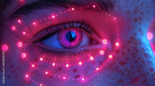 A close-up shot of an eye with pink and blue lights surrounding it
