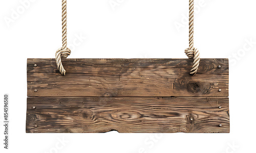 Brown wooden hanging sign on rope against transparent background photo