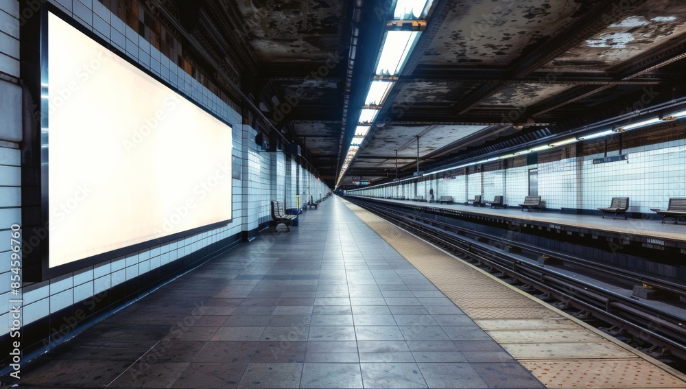 mockup of empty billboard hanging on the wall of a train station platform mockup of empty billboard hanging on the wall of a train station platform