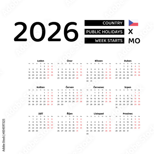 Czech Calendar 2026. Week starts from Monday. Vector graphic design. Czech language.
