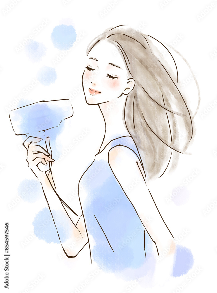 ヘアケアをする女性のイラスト素材 ブルーの背景