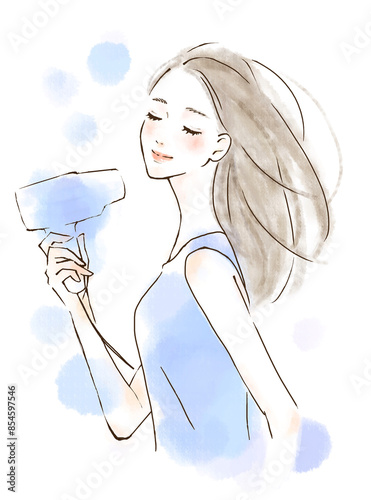 ヘアケアをする女性のイラスト素材　ブルーの背景